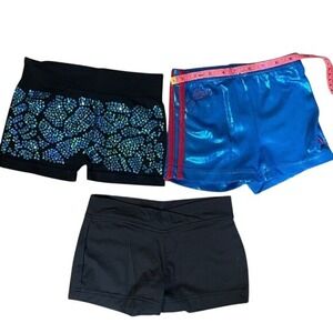 Girls Gymnastics Dance Shorts Bundle Plum Metallic Sequin V-Waist Black Blue 3PK